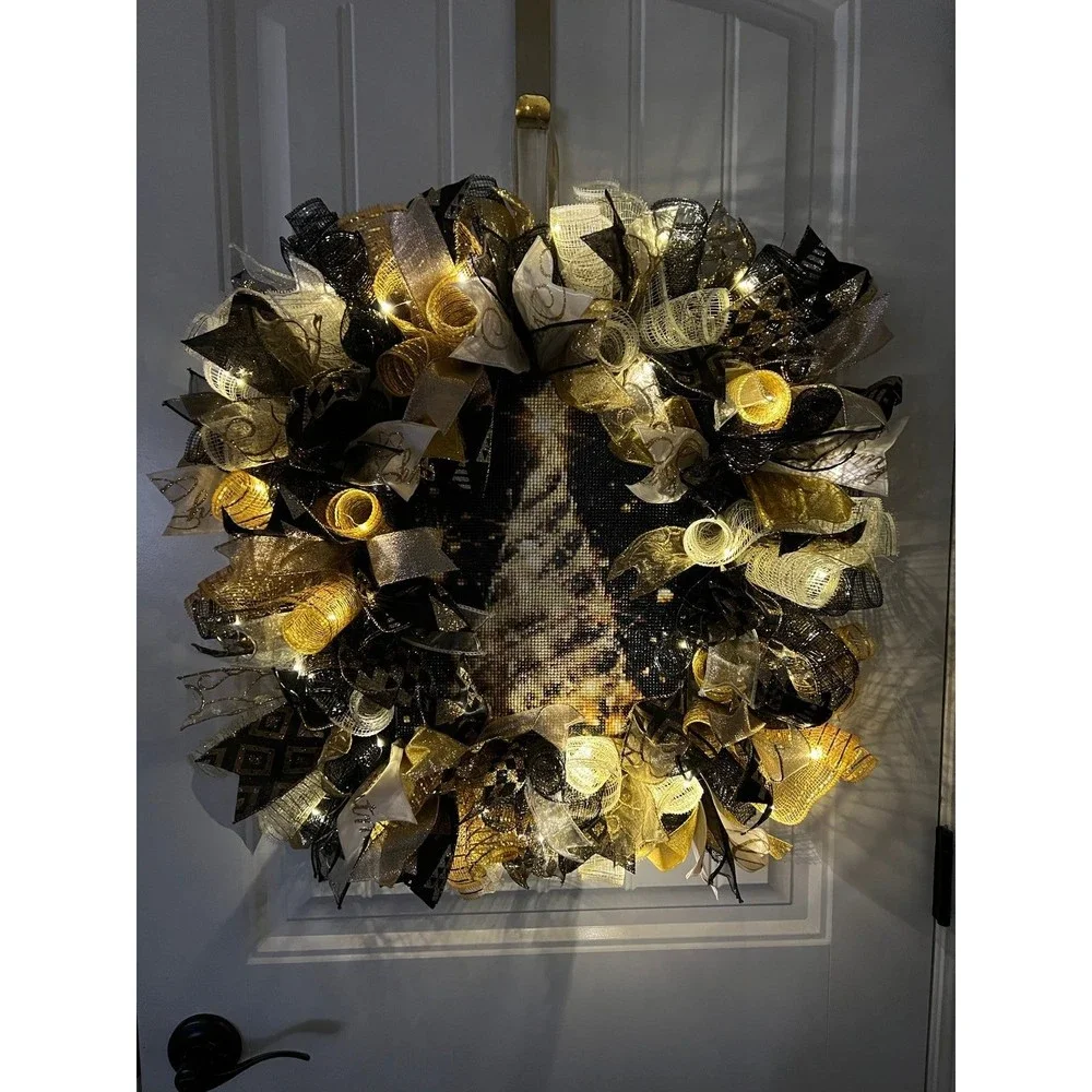 Handmade Christmas Tree Diamond Art Ribbon Door Wreath 22 ins LED W38 Gold Black